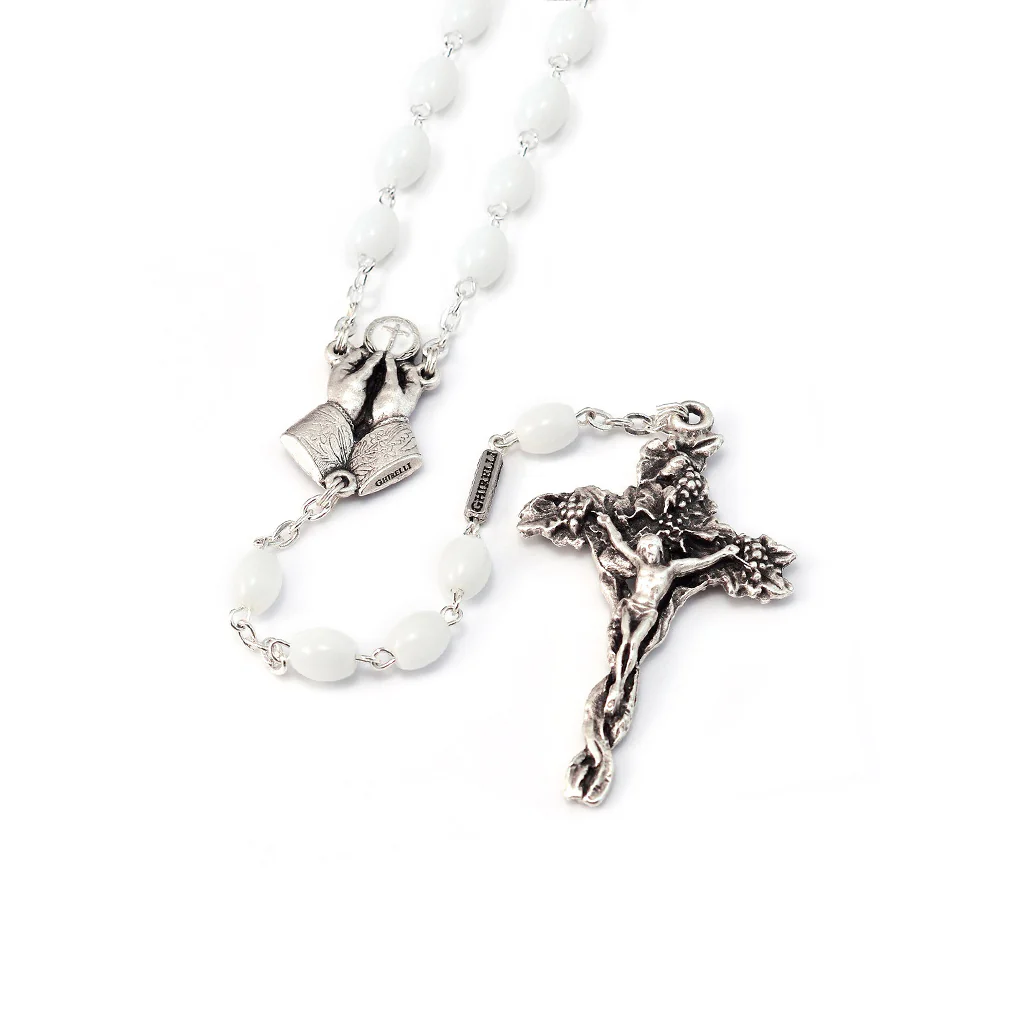 Holy Communion Vine & Branches White & Silver Rosary