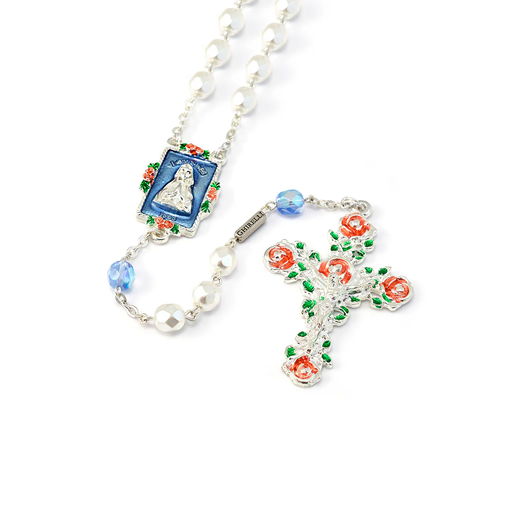 Lourdes Virgo Maria Roses Sky Blue & Silver Hand Enameled Rosary